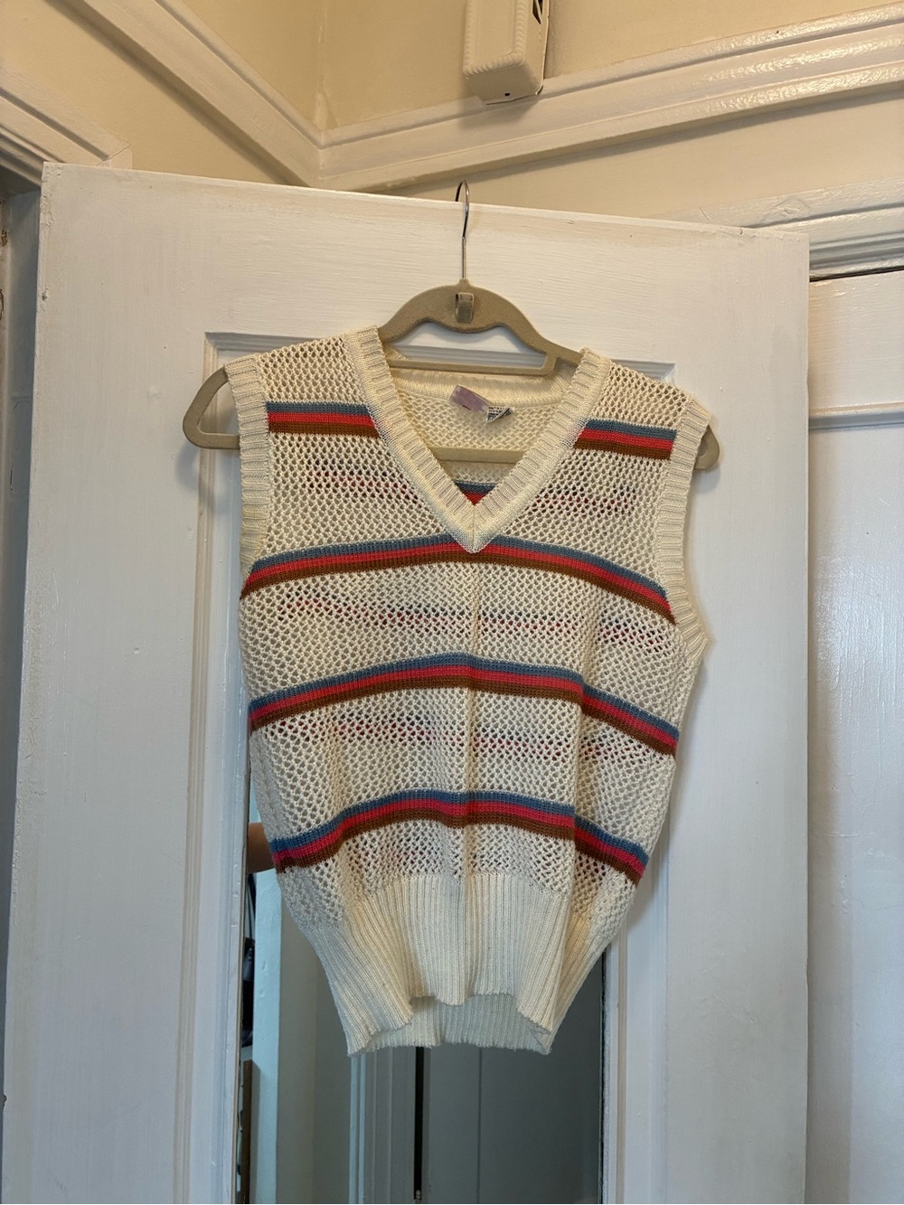 Vintage Cream Striped V-Neck Knit Sweater Vest